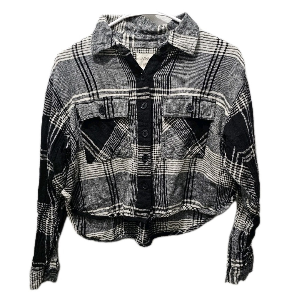 JAPNA Cropped Hi Low Button Down Front Pockets Long Sleeve Grunge Cotton Cottage